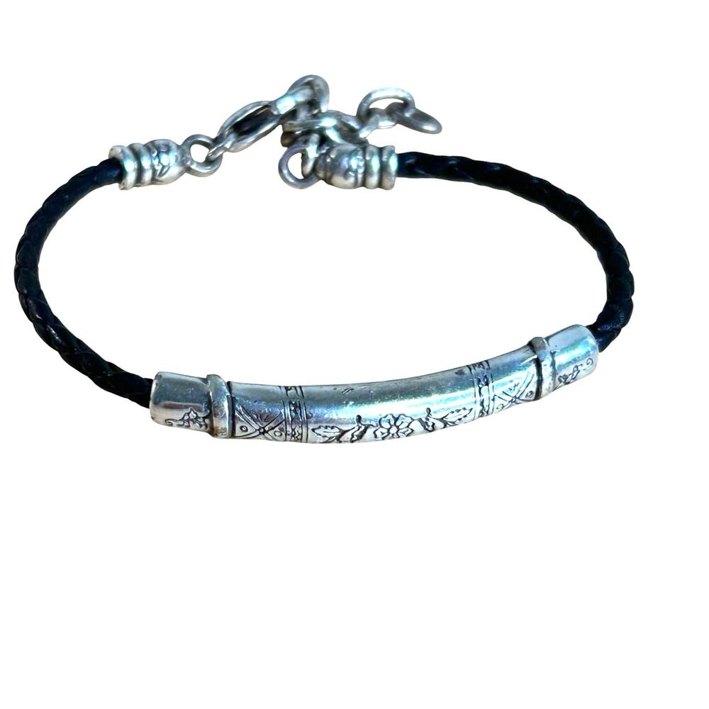 Vtg Brighton Glastonbury Bar Black Leather Bracelet Retired Silver Plated Floral